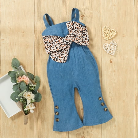 

PatPat Denim Leopard Bow Decor Sleeveless Baby Overalls for baby girl
