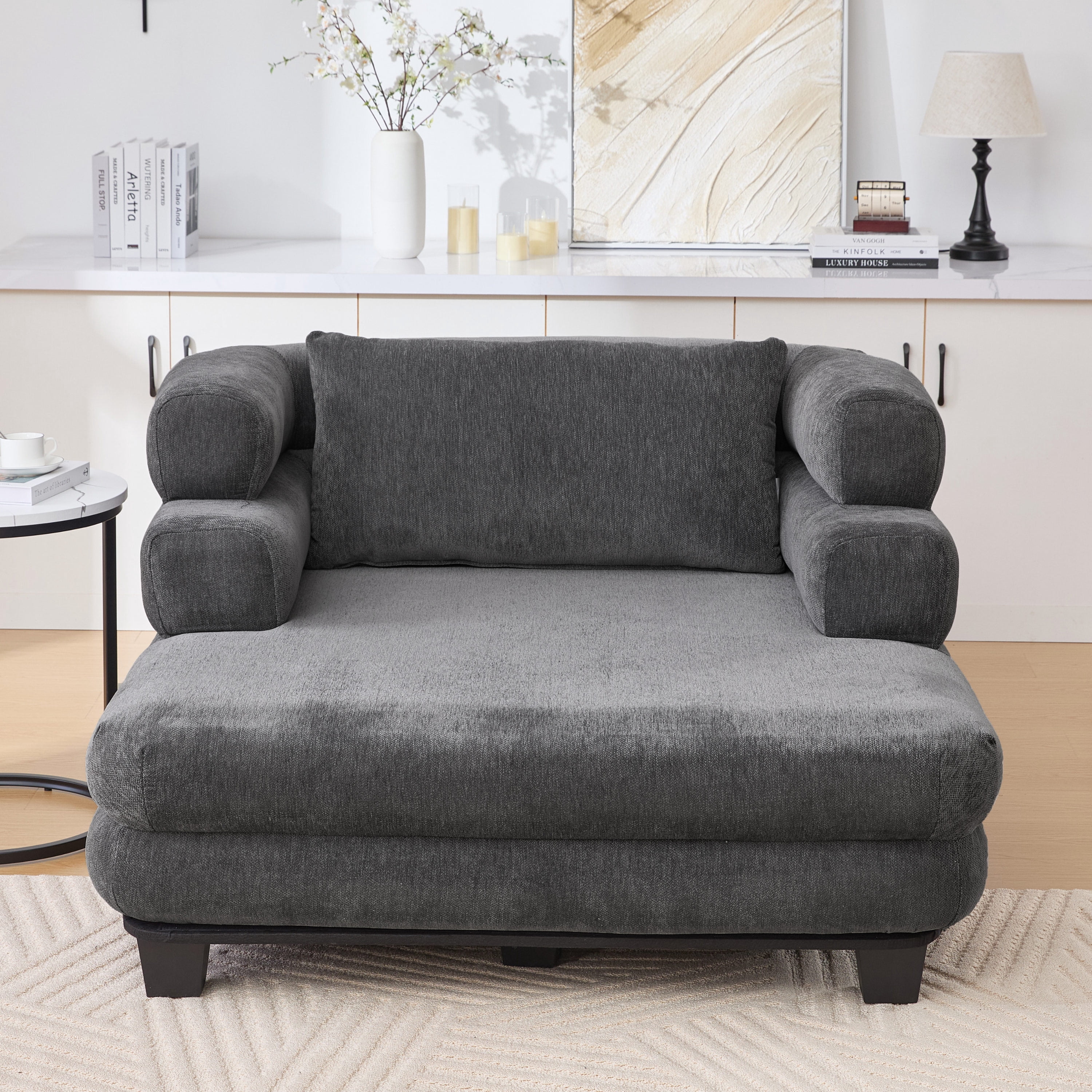 Euroco Oversized Chaise Lounge 52.4" Modern Comfy Lounger Chenille Upholstered Sofa Bed with Deep Seat and Layered Armrests for Living Room or Bedroom, Grey