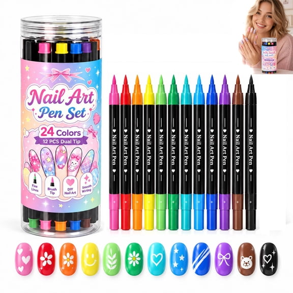 24 Colors Dual-Ended Nail Art Pens Set, Nail Art Markers With 0.5mm Fine Tip And Wide Tip, Quick-Dry Nail Painting Pens For DIY Manicure Design