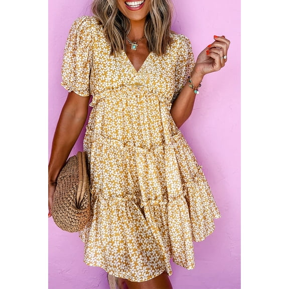 Floral Short Sleeve V Neck Frilly Tiered Mini Dress