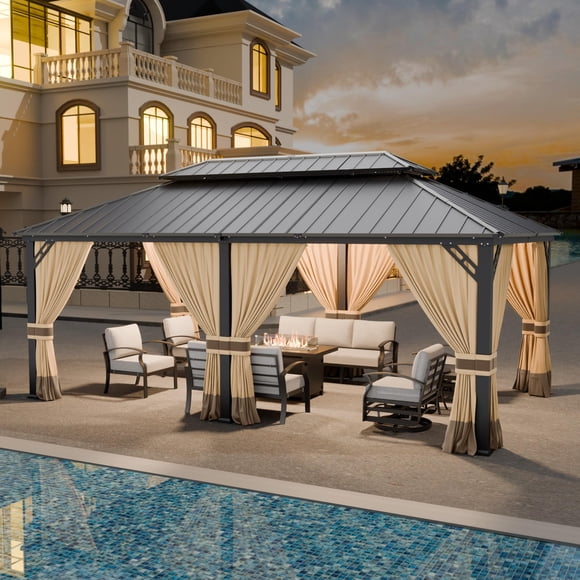 Gazebo à Toit Rigide 12x20 Pi à Double Toit, Pavillon Extérieur avec Toit Rigide à 2 Couches, Cadre en Fer Galvanisé, Tente de Jardin, Convient aux Cours, Cours Arrière, Terrasses et Gazon