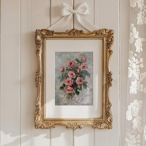 Kna Prints - Pink Roses Wall Art, Coquette Flower Print, Vintage Pink Roses Poster, Preppy Room Decor, Girly Flower Painting, UNFRAMED-12x18