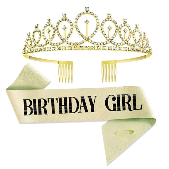 TELOLY Rhinestone Birthday Crown Tiara with Sash,Gold Crown,Gold Tiara
