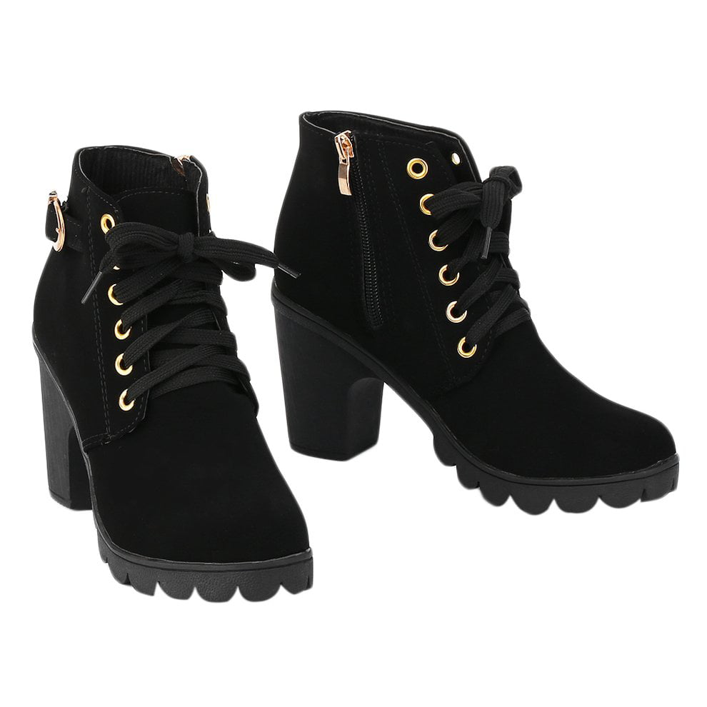 Women Zipper Side Buckle Boots Ankle Boots Lace Up High Heels Shoes Fashion New 