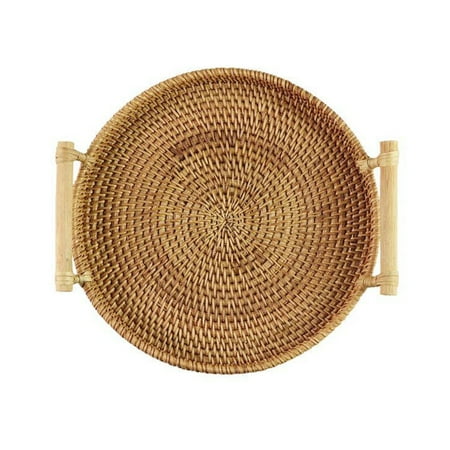 

Jiiey Big sale! Kitchen Organizers and Storage Rattan Round Serving Tray Hand Woven Rattan Tray Serving Tray with Handles Wicker Tray Basket Tray for Bread Fruit Food Coffee Breakfast Display