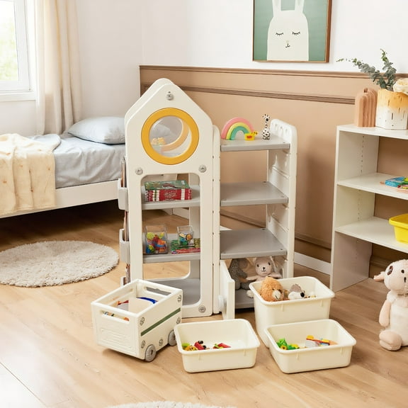 Resenkos Multipurpose Toy Chest and Bookshelf with Mobile Trolley for Bedroom-Gray, Kids Toy Storage for Kids, Boys, Girls, Nursery