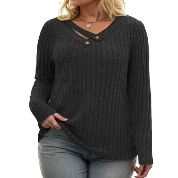NISVIYA Winter Womens Plus Size Sweaters Blouses Elegant Long Sleeve Chic V Neck Pullover Black