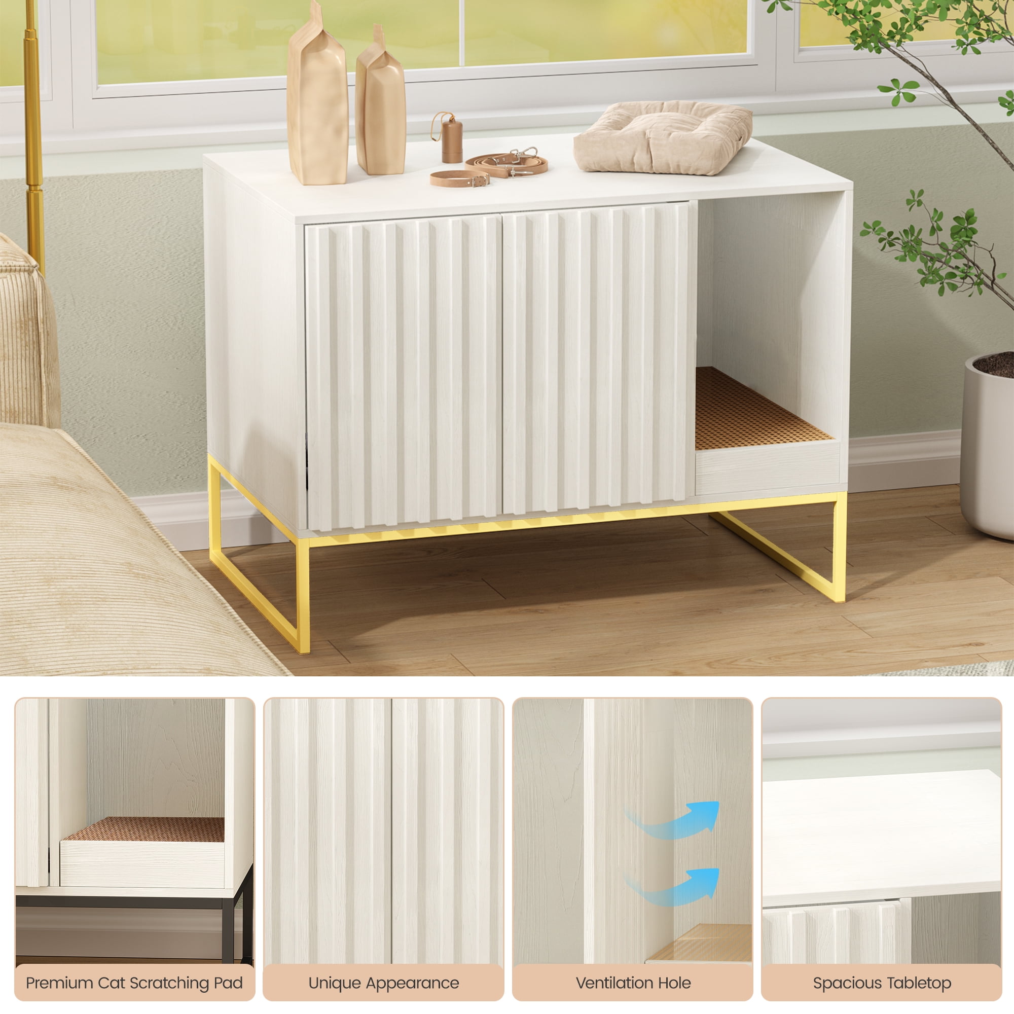 Veanerwood Litter Box Enclosure,Modern Cat Litter Box Enclosure Furniture Hidden Litter Box with Cat Scratch Pad, Cat Washroom Cat House End Table, Entryway Bench for Livingroom (White)