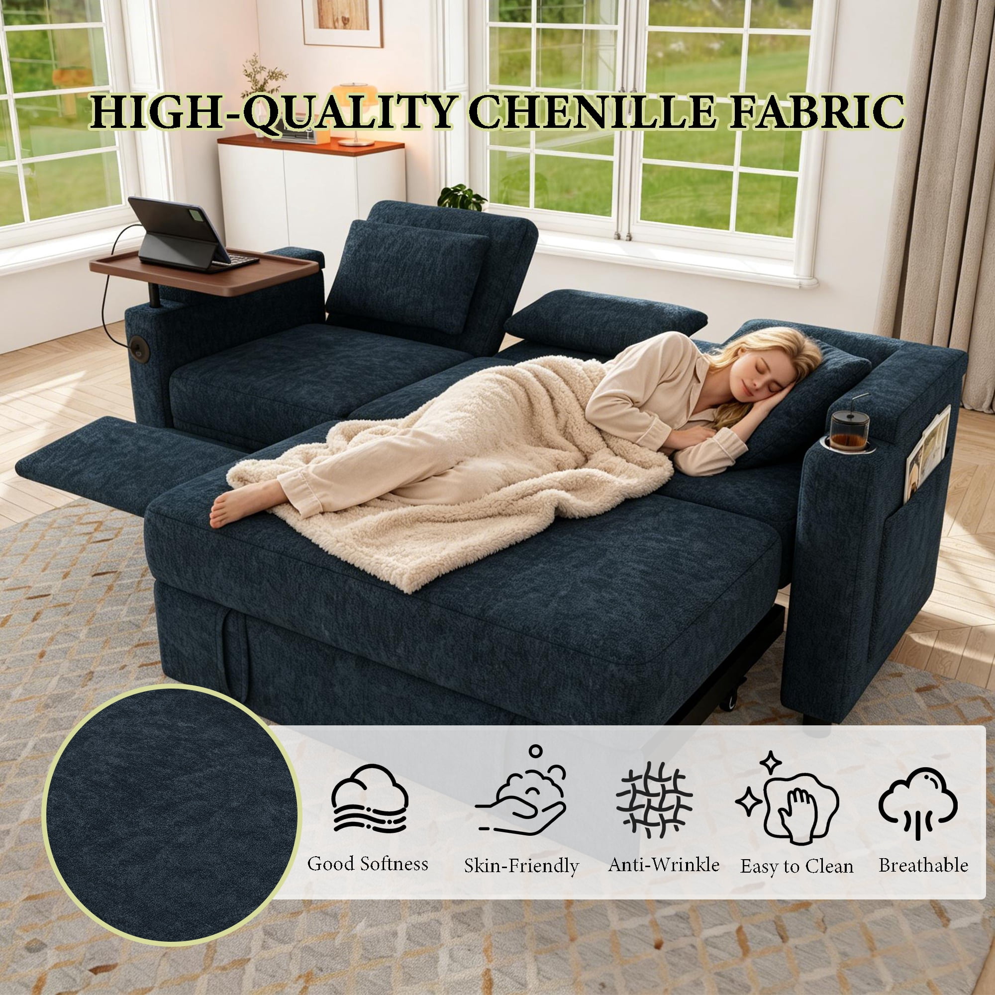 83" 3-in-1 Chenille Foldable Sofa Bed with Electric Chair,USB Ports,Table Board,Storage Armrests & Adjustable Backrest,3-Seater Sleeper,Blue