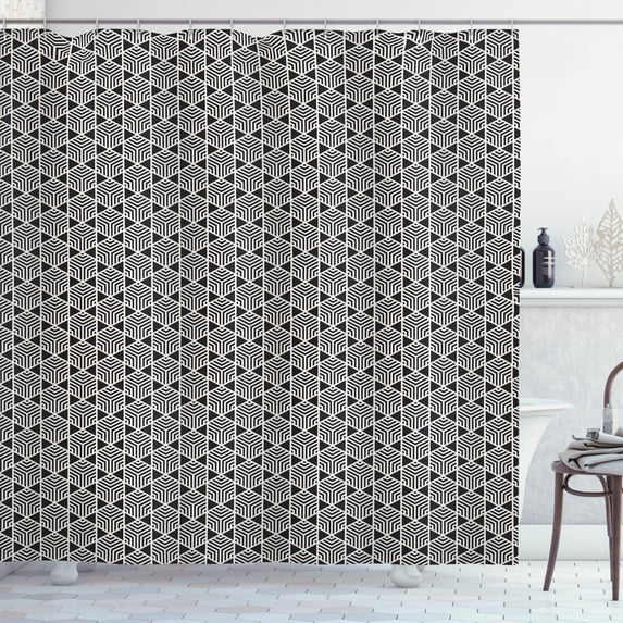 Lattice Shower Curtain, Hexagon Frames with Simple Abstract Lines on Vertical Borders Grid, Fabric Bathroom Set with Hooks, 69"W X 84"L Extra Long, Charcoal Grey and Eggshell, by Ambesonne
