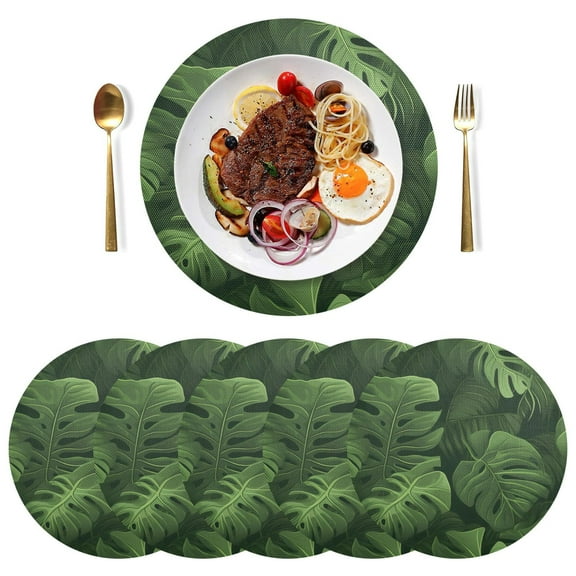 Leaves Green Black Round Placemats Plate Mats 15 Inch Non-Slip Heat Resistant Washable PVC Set Indoor for Kitchen Dining Table 1PC