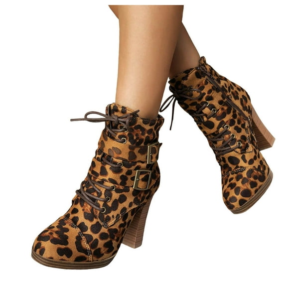 Women's Leopard Dress Combat Boots Trendy Suede Pointed Toe Chunky High Heels Short Boots Winter Fall Shoes Brown