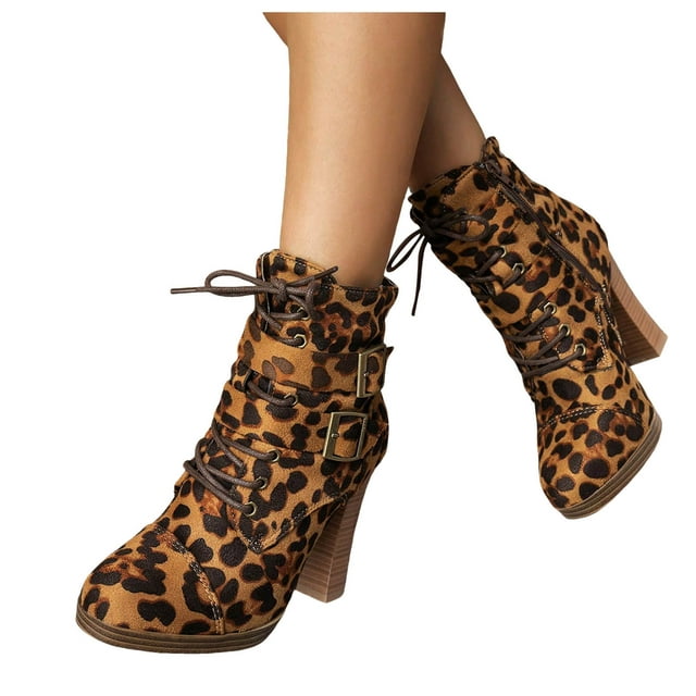 Bottes de Combat Habillées Léopard pour Femmes en Suède Tendance à Bout Pointu à Talons Hauts Épais Bottines Courtes Chaussures d'Hiver Automne Brun
