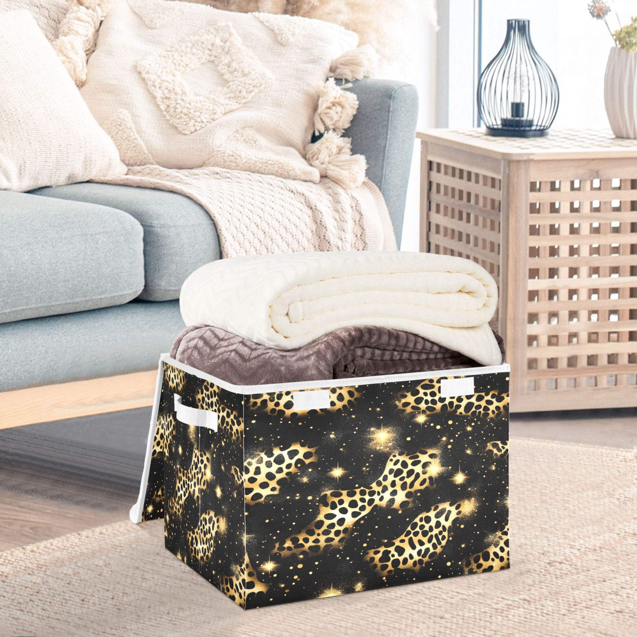 Ryvnso Golden Leopard Print Large Lidded Foldable Storage Baskets Cubes Boxes Lids Bin for Home