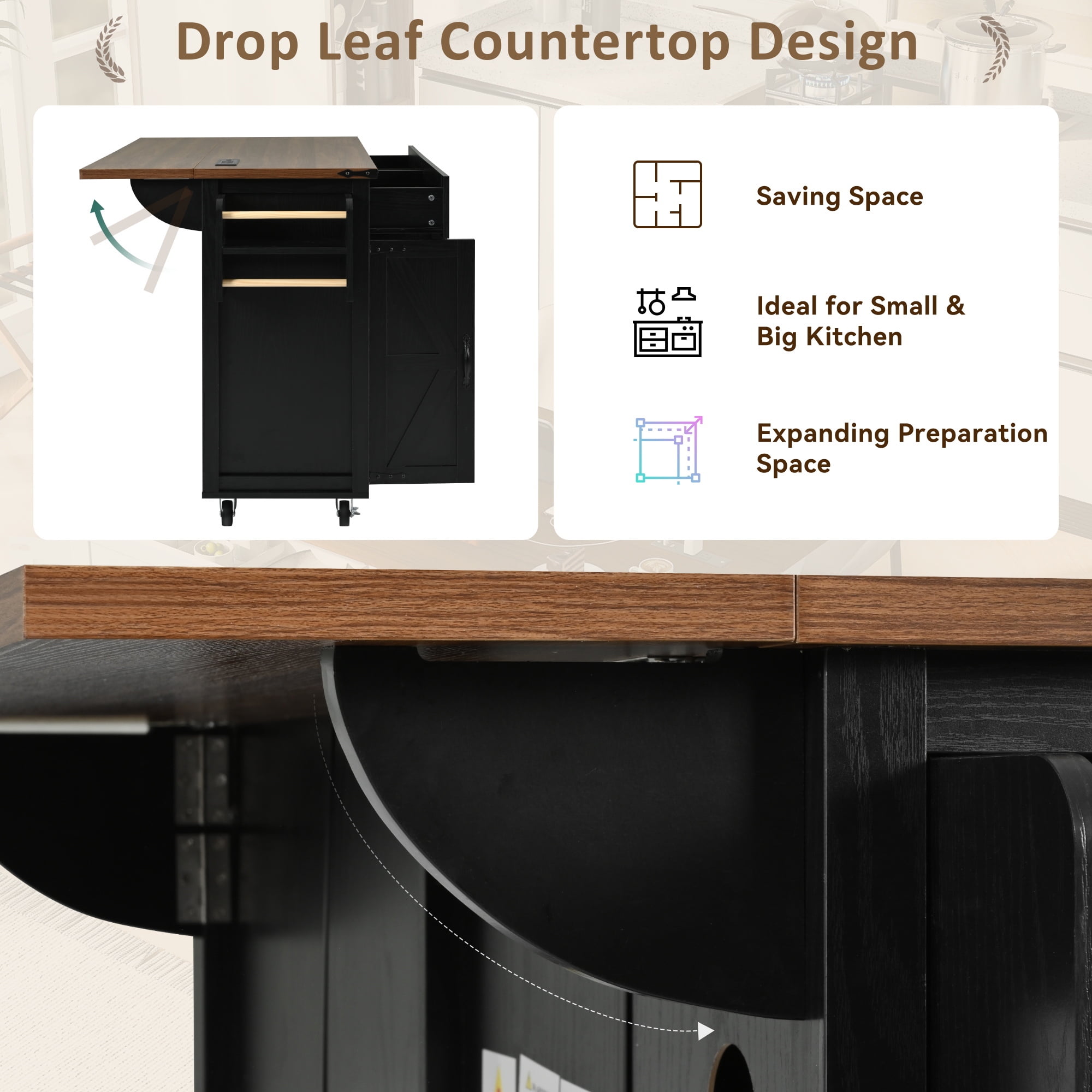 Alvantor 53.5'' Kitchen Island Carts with Power Outlet, Farmhouse Storage Cabinet with Drop Leaf, Spice Rack and Drawer for Dining Room Living Room Black