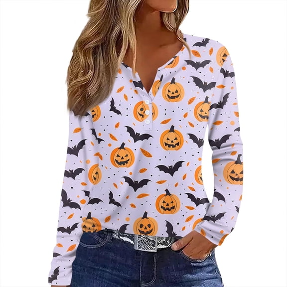 WTOBBY Women's Halloween Bat & Pumpkin Print V Neck Button Detail Long Sleeve T Shirt, Casual Graphic Tee Top for Daily Wear, Fall Comfort Shirt,Light Purple L