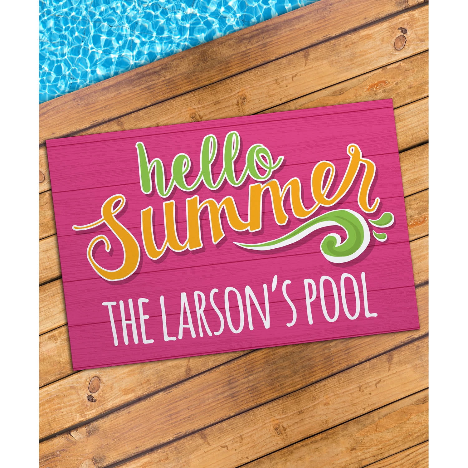 Personalized Planet 27x18 Hello Summer Doormat with Custom Personalization Printed on Blue Rectangular 1/8” Thick Non Slip Mat for Kitchen Hallway Deck or Porch