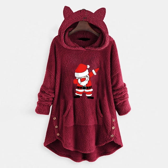 Pntutb Mujer Casual Navidad Impresión Botones De Felpa Manga Larga Con Capucha Abrigo De Felpa Top Pntutb Pntutb-4386