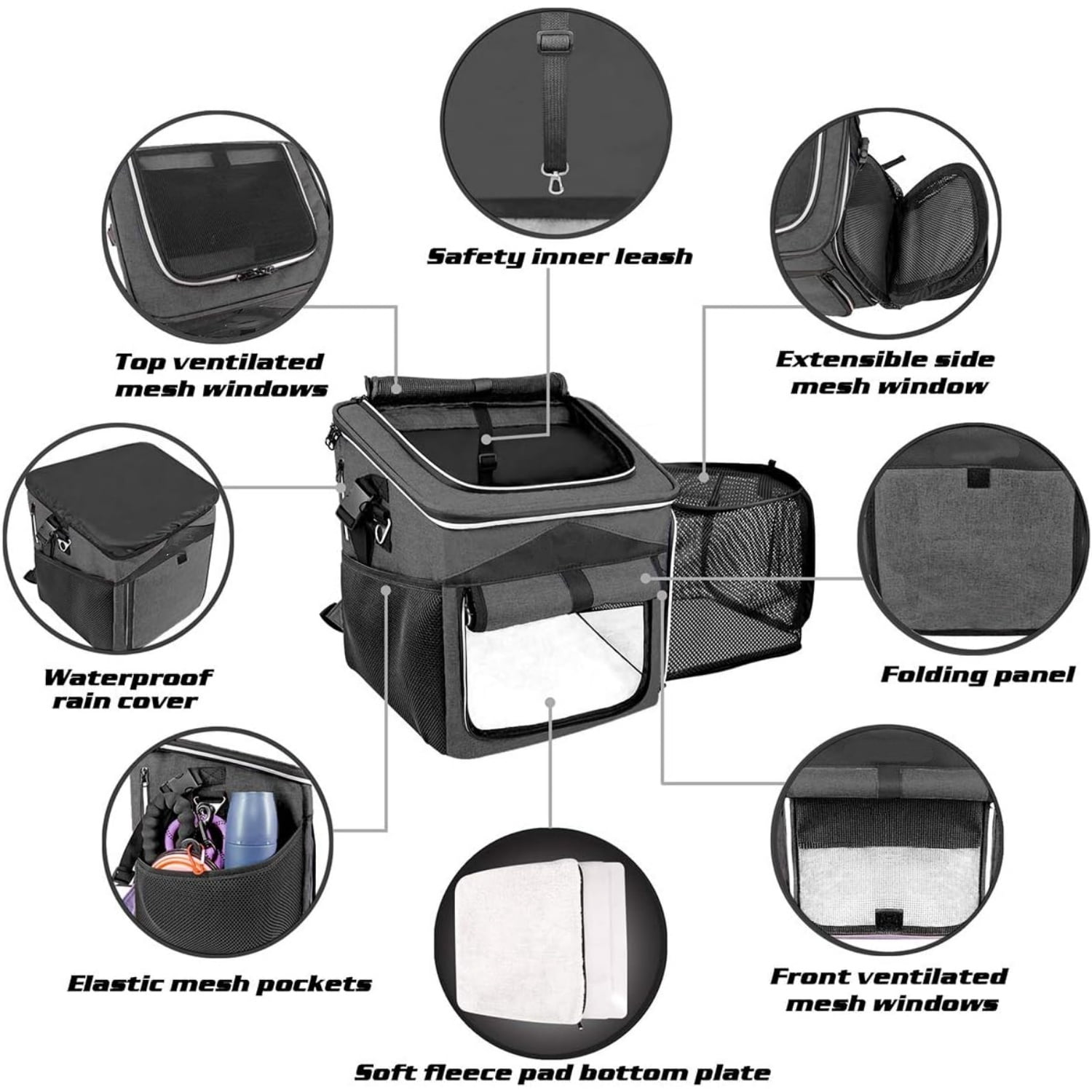 Dog Bike Basket Carrier, Expandable Foldable Soft-Sided Dog Carrier, 2 Open Doors, 5 Reflective Tapes, Pet Travel Bag,Dog Backpack Carrier  and Easy for Small Medium Cats and Dogs(Black)