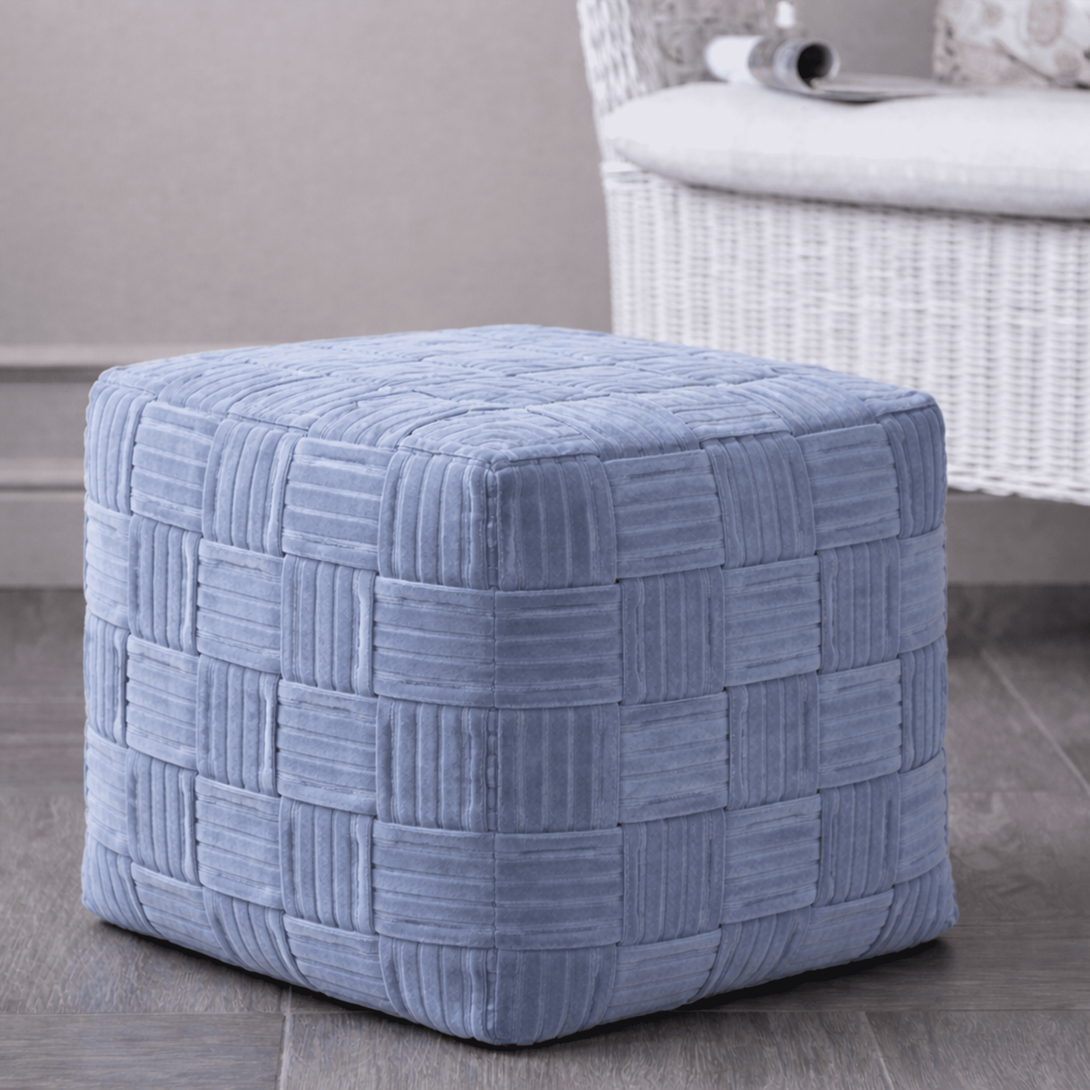 Better Homes & Gardens Velvet Woven Pouf Cover, Blue Silver