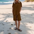 thumbnail image 2 of WULMLEO Women Linen Set 2 Piece Summer Outfits Plus Size Short Sleeve Shirt and Bermuda Shorts Lounge Set Casual Matching Set Brown S, 2 of 7