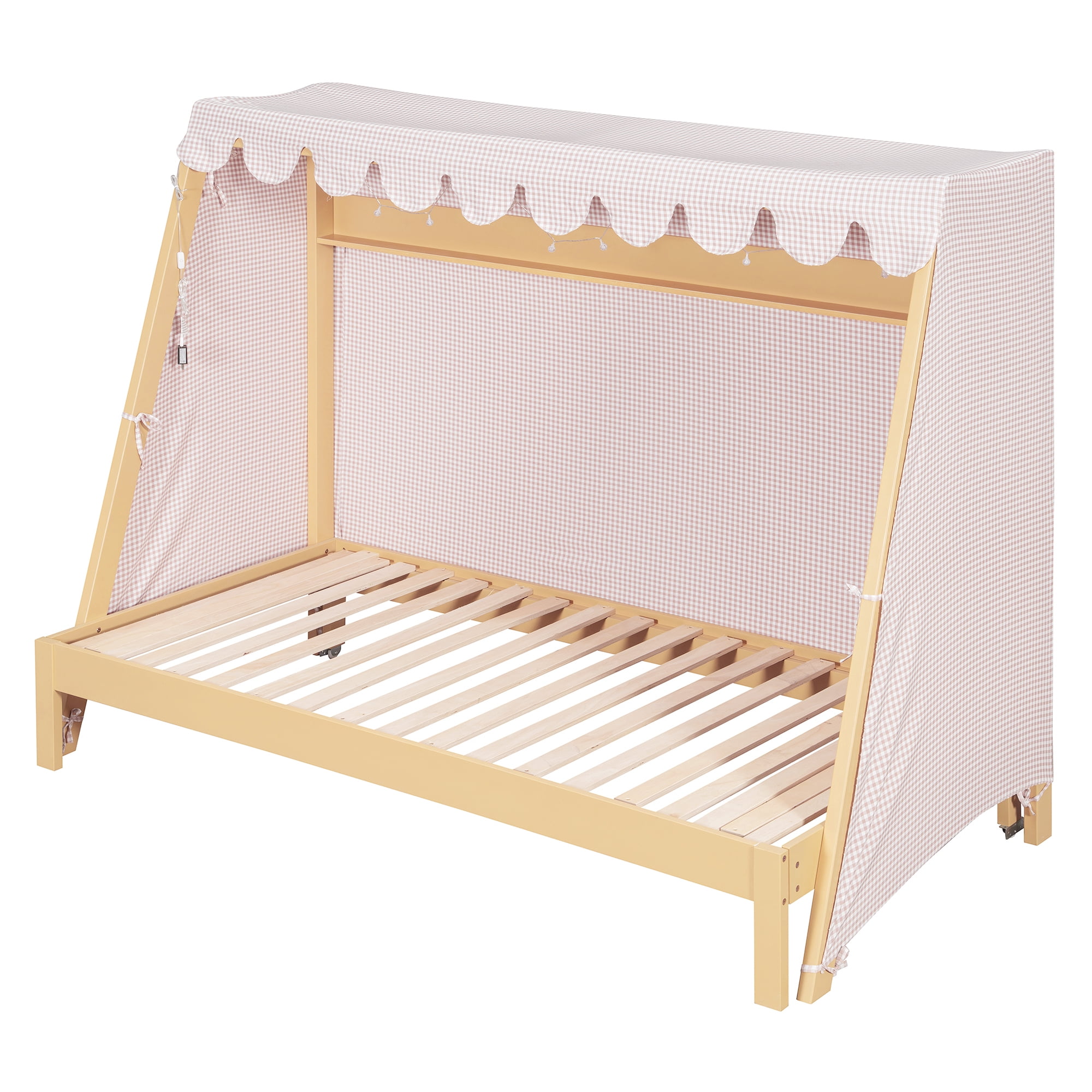 Mintazer Twin XL Platform Bed with LED Light, Trundle, Storage Shelf & Tent for Kids, Light Brown