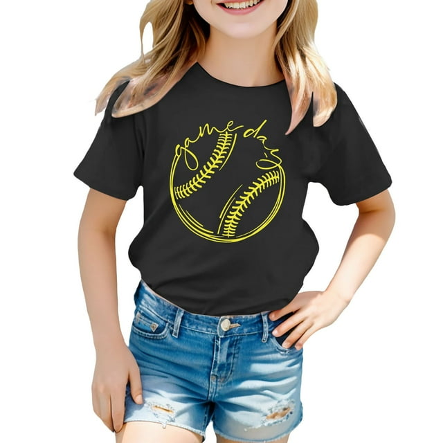 NINGMENG Hauts et T-Shirts pour Filles, Imprimé Baseball d'Été, Col Rond, Manches Courtes, Chandail Décontracté, Noir, 5-6 Ans