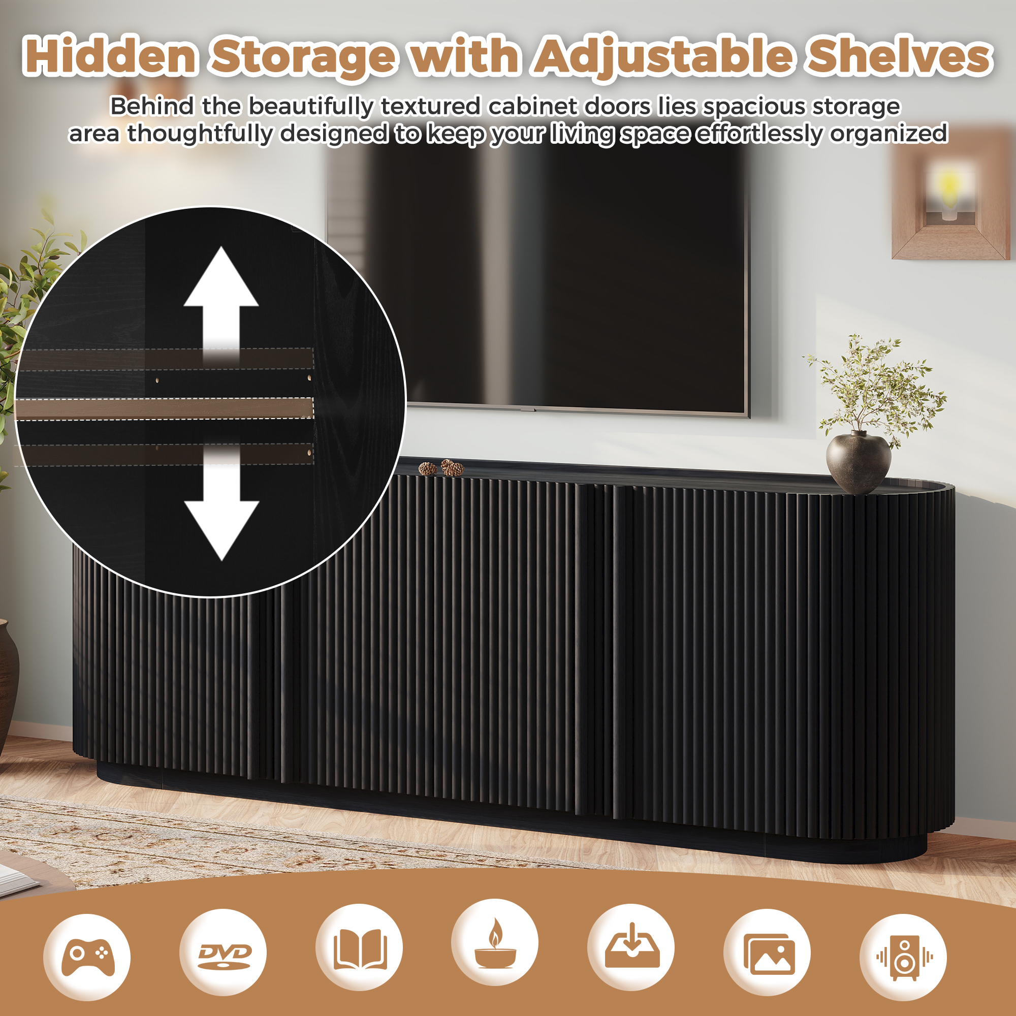 Leumius Mid Century Wood TV Stand with Fluted Tambour-Style Door, Farmhouse Media Console with Adjustable Shelves, Curved Edge TV Cabinet with Cable Management for Living Room, Black
