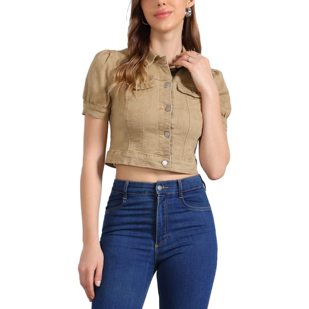 CHAQUETA DE JEAN DENIM CROP CON MANGAS PUFF Y BOTONES PARA MUJERES CHIC INSPIRADORAS XS CAQUI