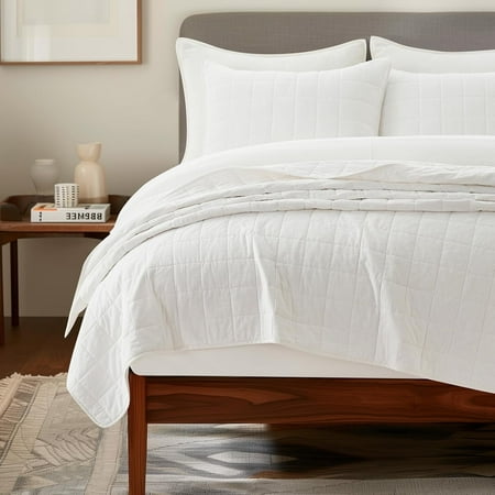 EVERGRACE 100% Cotton Box Stitch Quilt Bedding Set King Size 3 Pieces, Garment-Washed Lightweight Soft Cozy Coverlet, Oversized Quilted Bedspread Sets with 2 Shams for All Season, Bright White