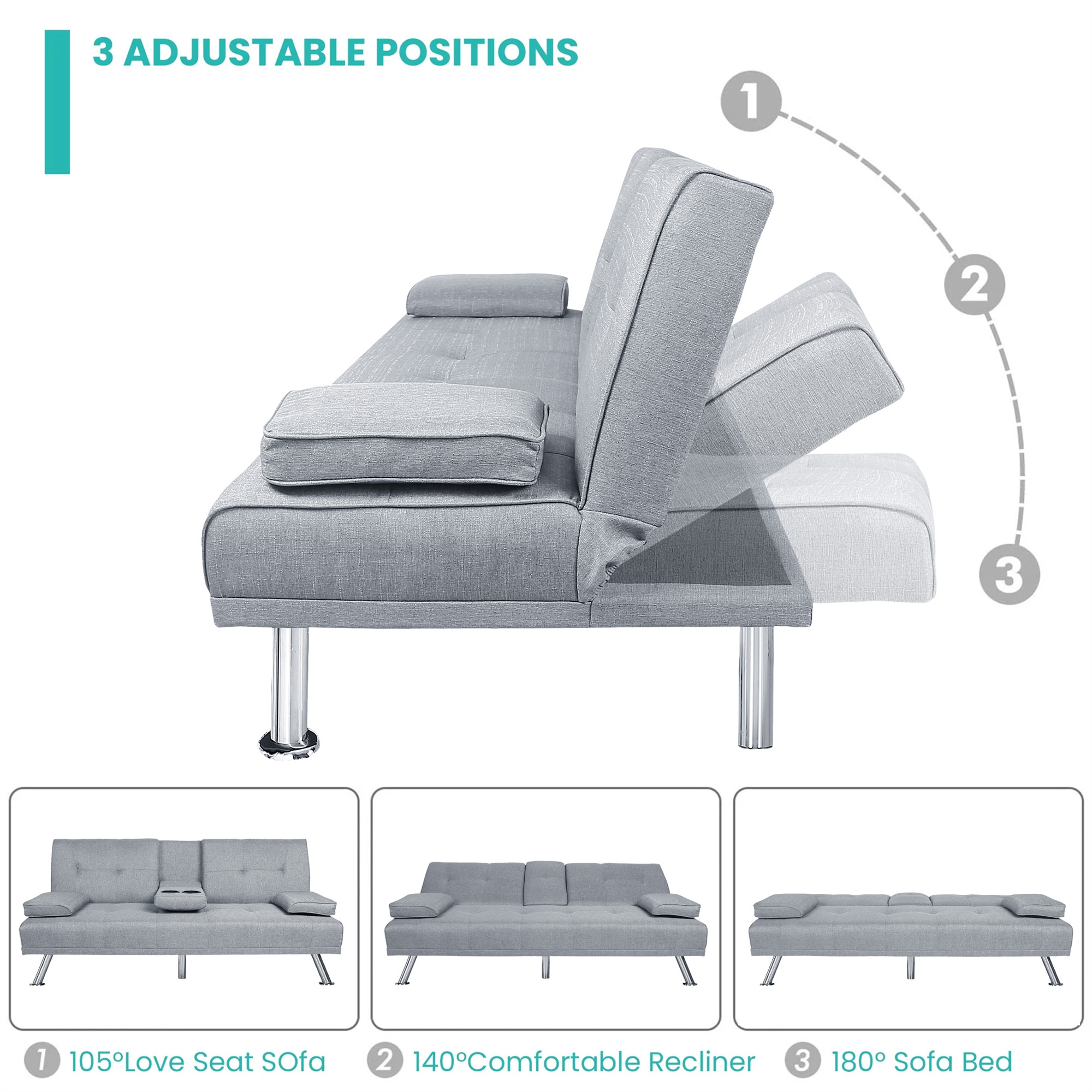 Aukfa Tufted Futon Convertible Sofa Bed for Home Office, 2 Cup Holders, Linen, Light Gray