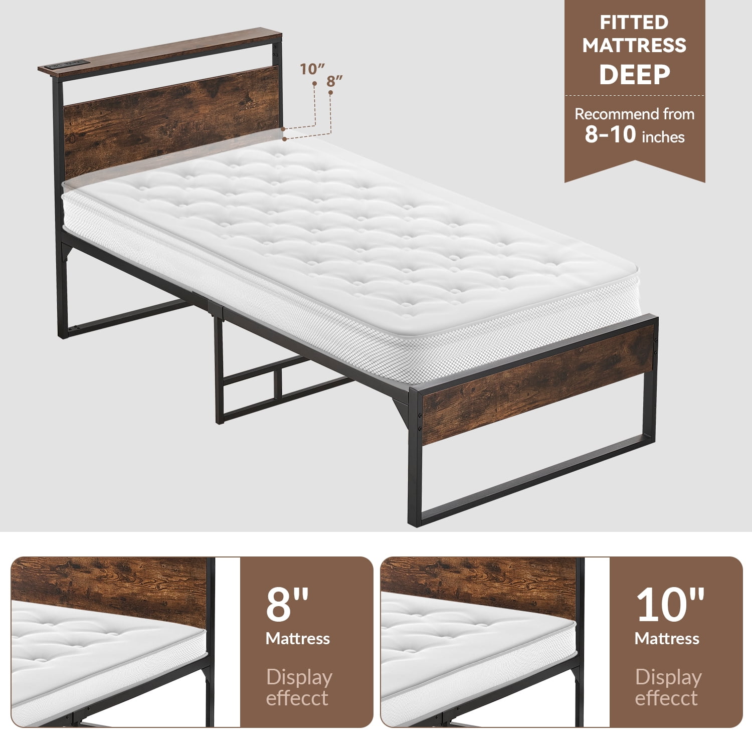 Behost 14" Twin Bed Frame with Headboard , Power Outlets Platform Beds for Bedroom, Rustic Brwon