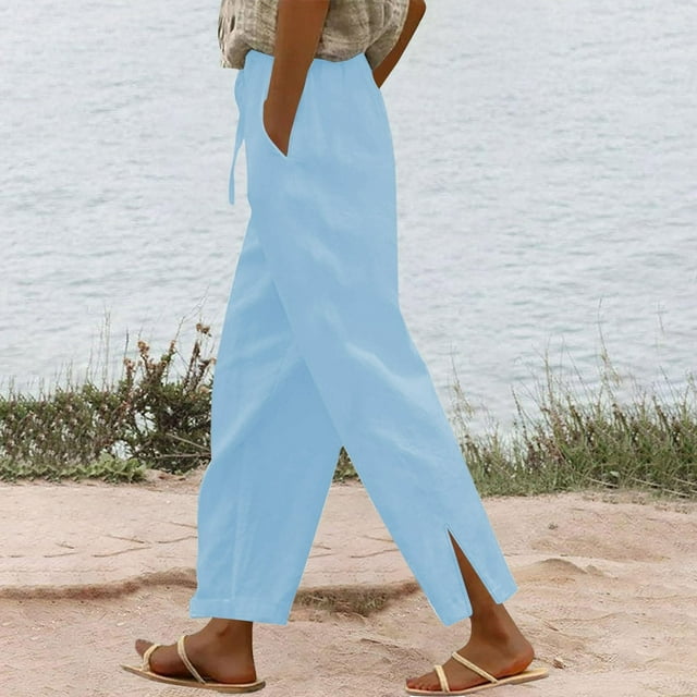 Women's Casual Linen Blend Drawstring Elastic Waist Wide Leg Pants for All Seasons