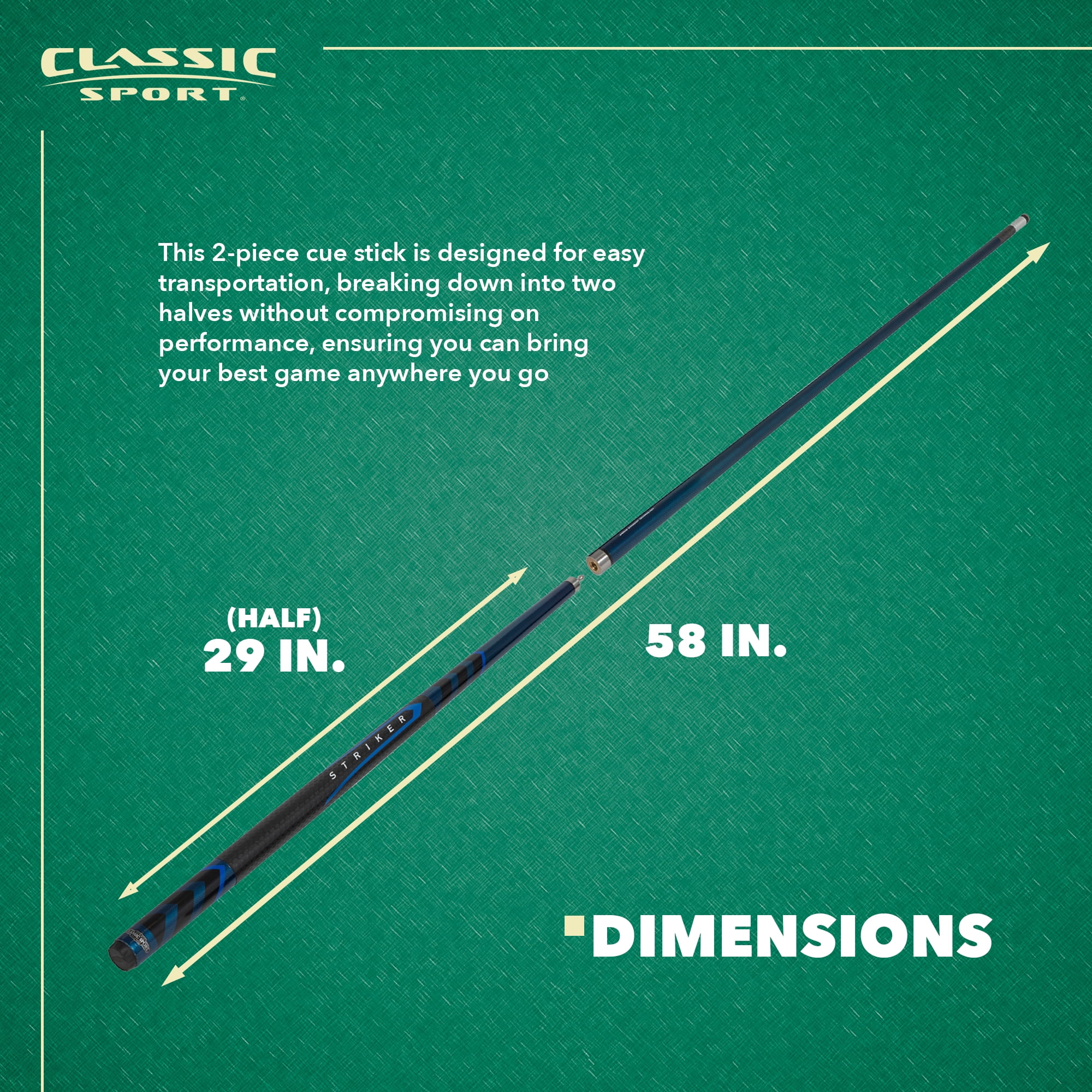 Classic Sport 58 in. Striker 2-Piece Composite Billiard Cue Pool Stick, 1.27lbs