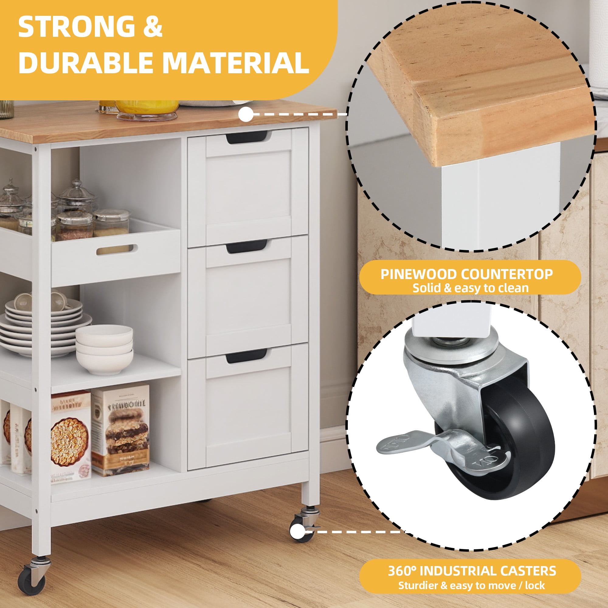 DWVO Rolling Kitchen Island Cart with Countertop and Drawer, 3 Tier Mobile Kitchen Storage Island Cart with 3 Drawers and 3 Opening Storage Shelves for Kitchen Living Room, White