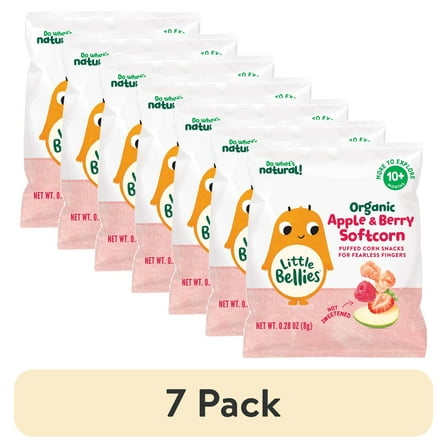 (7 pack) Little Bellies Organic Apple & Berry Softcorn Snack, Baby & Toddler Puff Snack, Age 10+ Months, 0.28 oz Bag