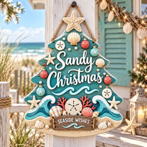 Coastal Christmas Wooden Sign With Sandy Christmas Tree