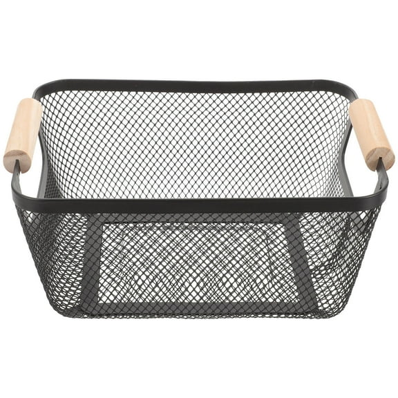 LEORX Black Metal Mesh Basket with Wooden Handle for Bathroom Storage and Decorative Organization