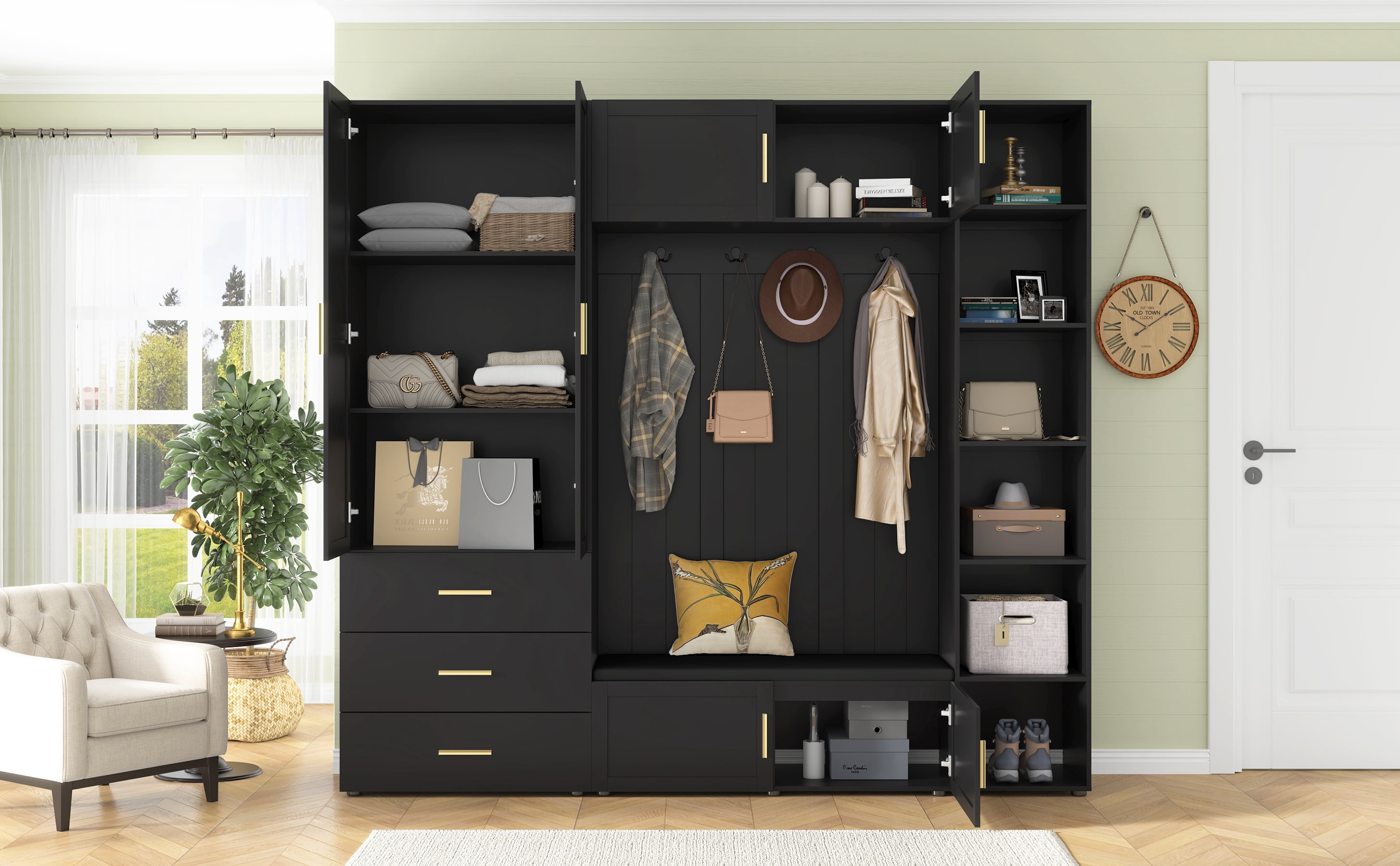 Mintazer 4‑in‑1 Hall Tree with Cushioned Shoe Bench & Hooks, Entryway Storage Organizer with Cabinets & Drawers, Adjustable Shelves for Mudroom Hallway, Black