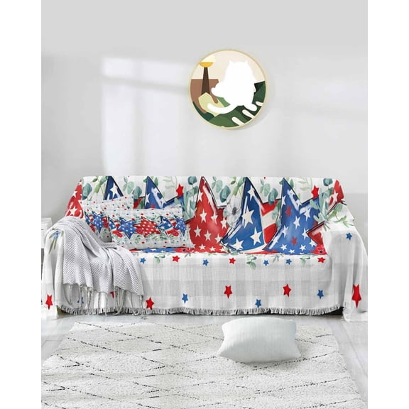 4th of July Sofa Covers for 3 Cushion Couch,Washable Sectional & L Shape Couch Covers for Dog/Cat/Kid,American Flag Stars Eucalyptus Plaid Non Slip Sofa Slipcover Tassel Futon Cover 71''x150''
