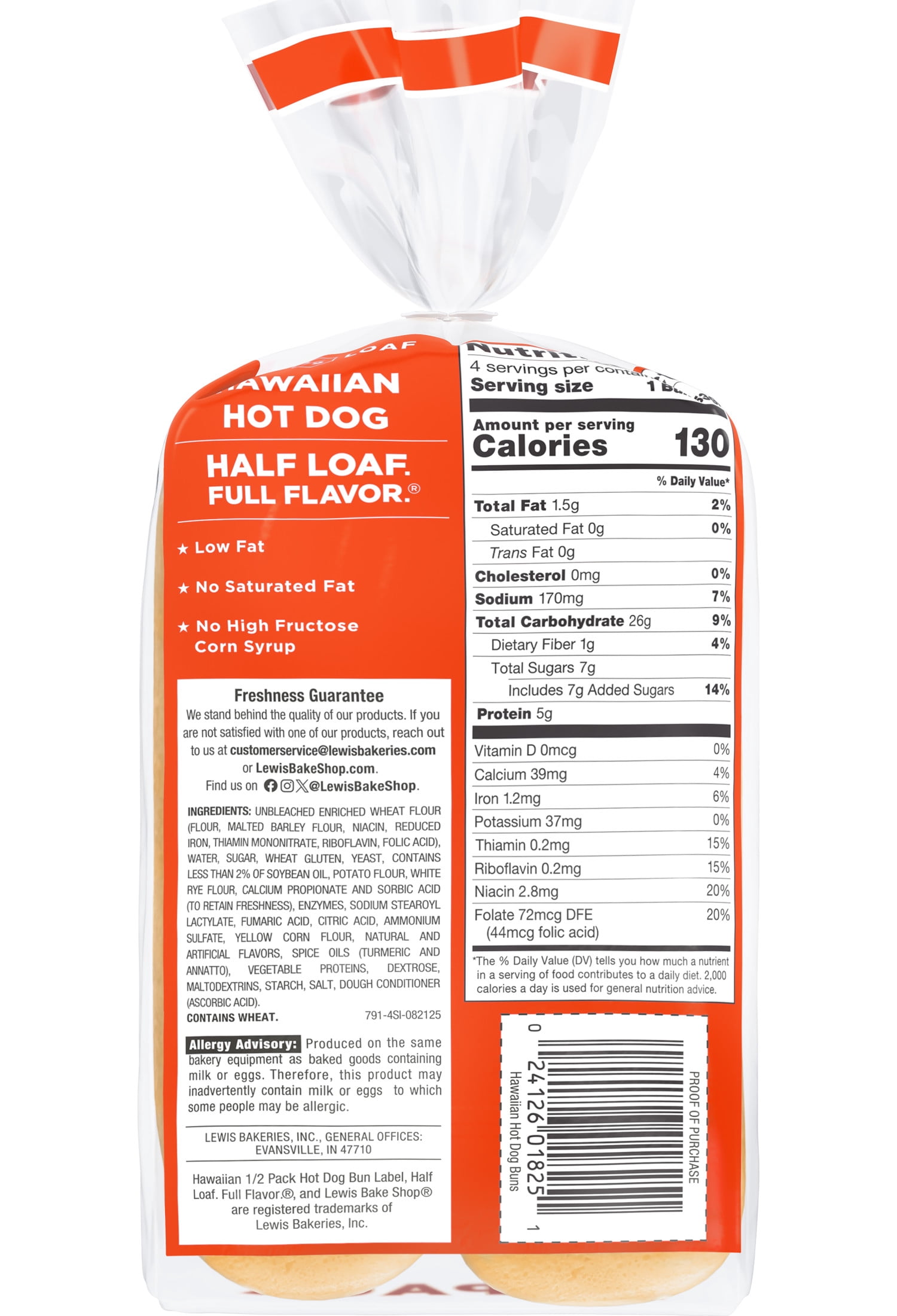 Lewis Bake Shop Hawaiian Half Pack Hot Dog Buns, 7.5 oz, 4 Count