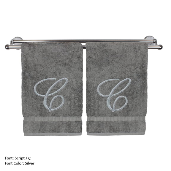 Monogrammed Hand Towel, Personalized Gift, 16 x 30 Inches - Set of 2 - Silver Embroidered Towel - Extra Absorbent 100% Turkish Cotton- Soft Terry Finish - for Bathroom, Kitchen and Spa- Script C Gray