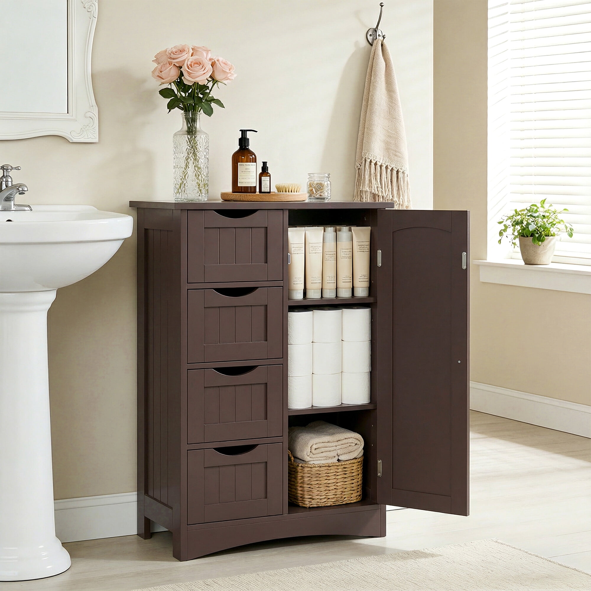 ZENY Bathroom Floor Cabinet, Freestanding Storage Cabinet with 4 Drawers and Adjustable Shelves, Modern Cupboard for Home Living Room Office, Brown