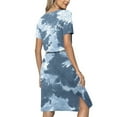 thumbnail image 6 of Usmixi Dresses for Women 2025 Business Tie Waist Pocket Slit Tunic Midi Dresses Short Sleeve Round Neck Leopard Print Summer Knee-Length Formal Dress Blue l Under $5, 6 of 6