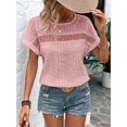 thumbnail image 2 of Womens Tops Casual Scoop Neck Short Sleeve Embroidered Lace Hollow Out Shirts Loose Tunic Knit Boho Blouses Pink XL, 2 of 7