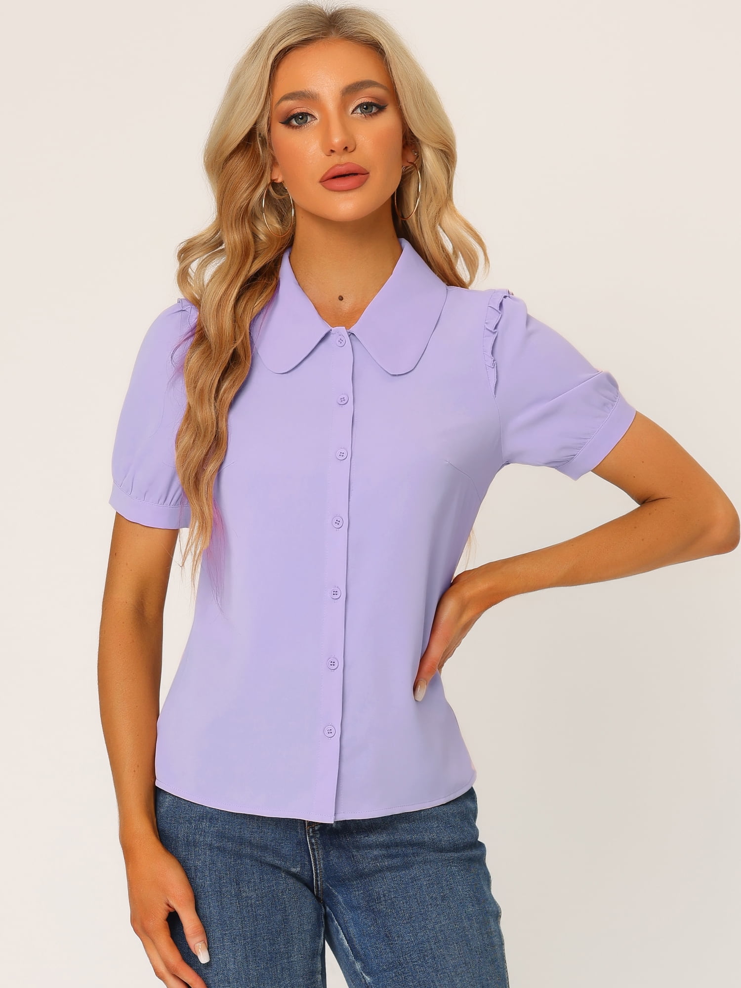 DARING DIVA Women's Peter Pan Collar Short Sleeve Button Front Shirts M Purple
