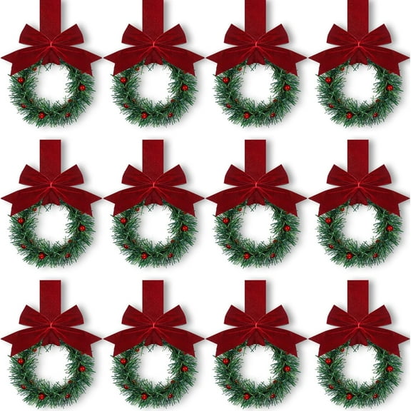 Wishrage 12PCS Christmas Kitchen Cabinet Wreaths with Ribbon 3.94 Inch Mini Christmas Wreath Small Kitchen Xmas Decor for Window Door