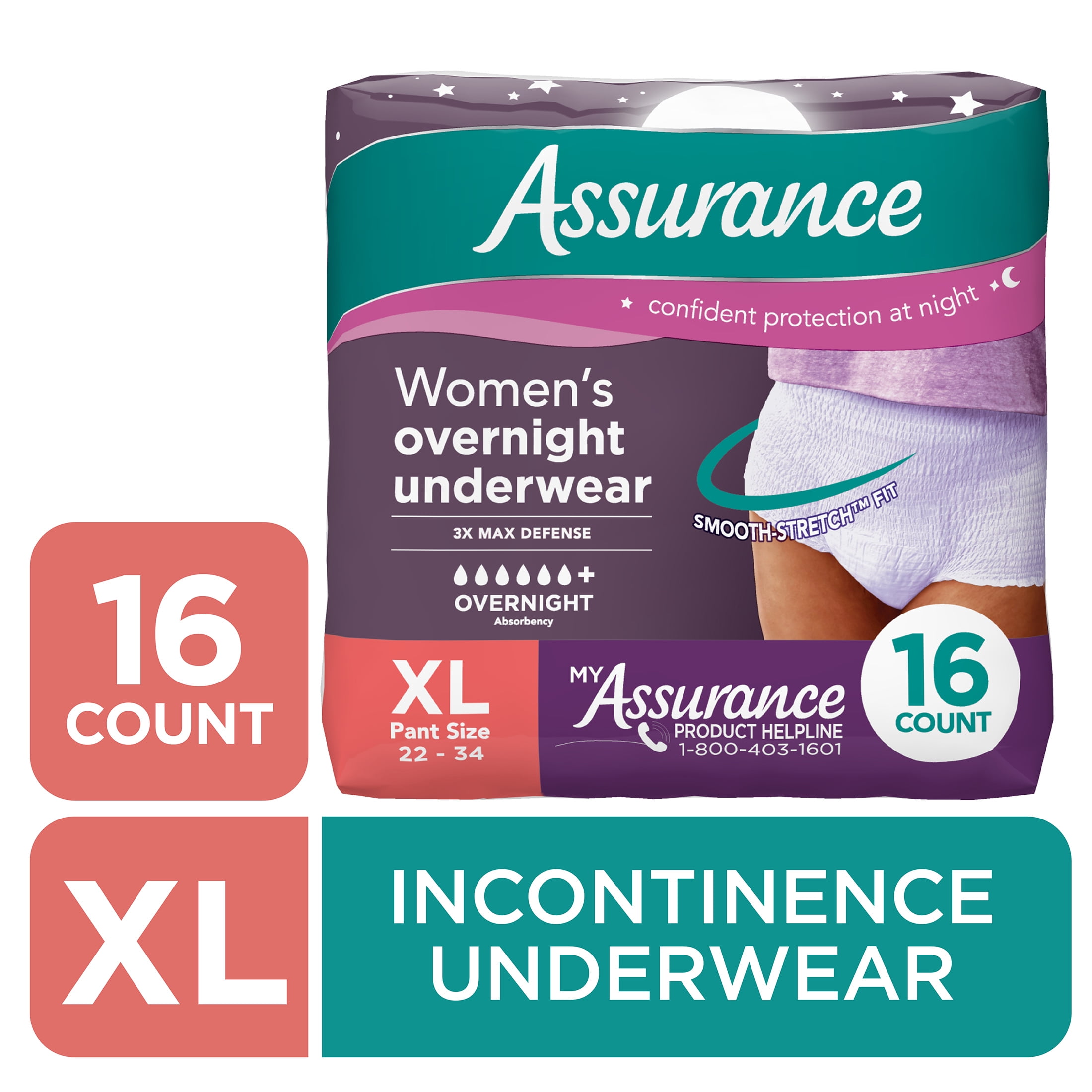 (2 pack) Assurance Women's Overnight Incontinence and Postpartum Underwear, XL, Ultimate Absorbency, 16 Count