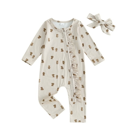 

Qtinghua Newborn Baby Girls Spring Outfits Bear Print Long Sleeve Zipper Ruffle Romper and Headband Set Beige 9-12 Months