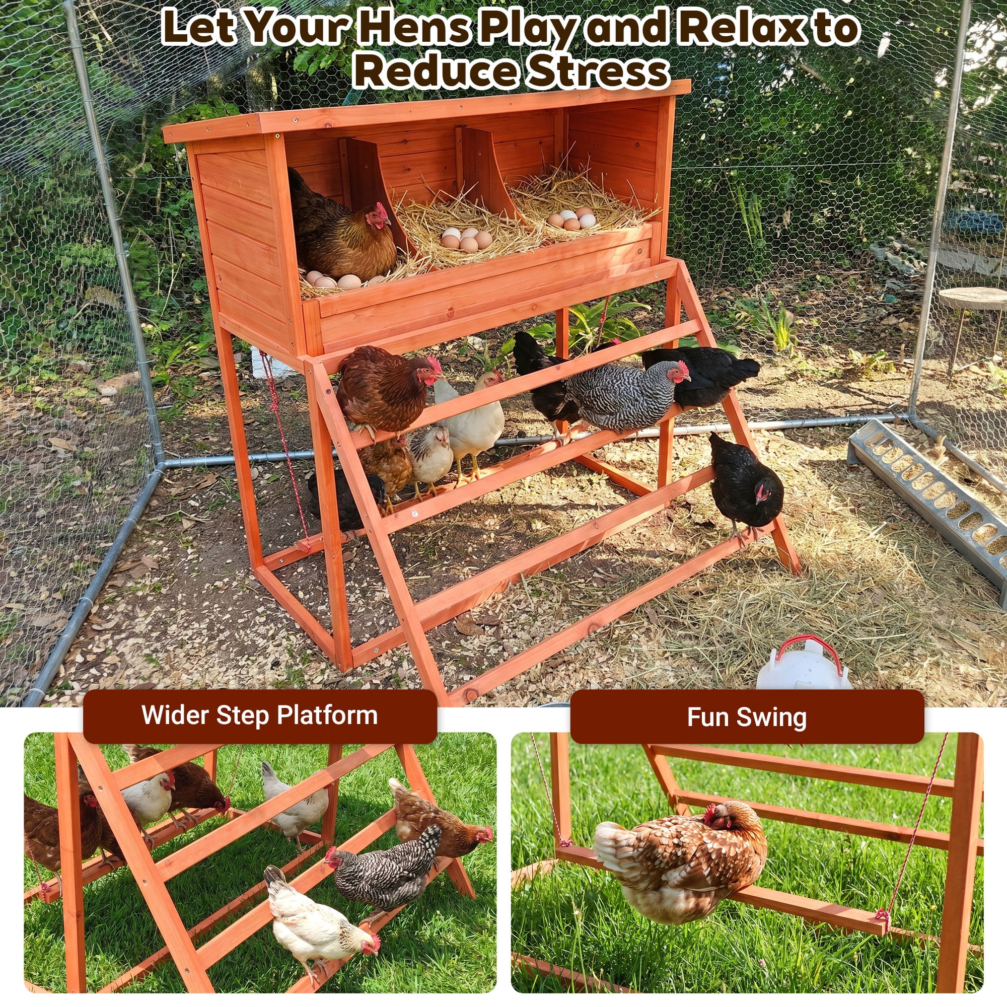 3-in-1 Wooden Chicken Nesting Box with Perch & Swing, 3 Compartments Fir Wood Poultry Laying Nest Box for Chickens Hens Ducks
